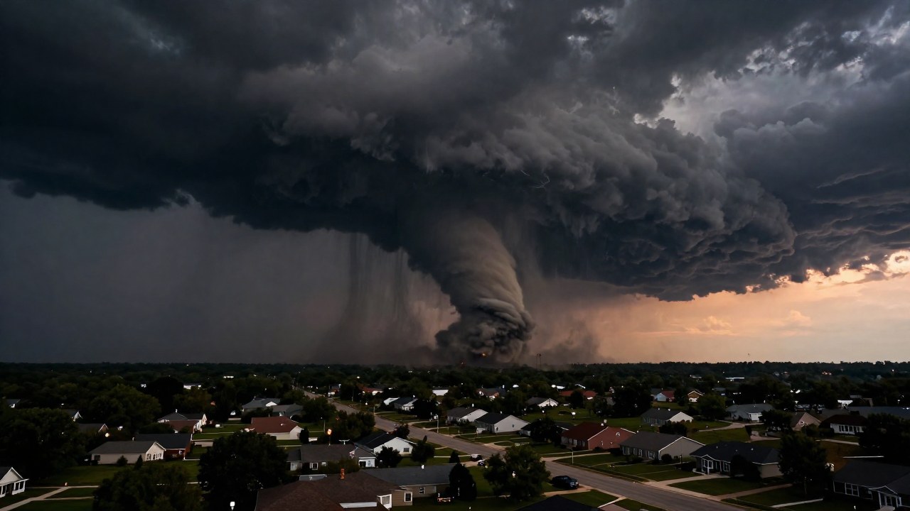 Un tornado oscuro y colosal se acerca a la periferia de una pequeña ciudad suburbana al anochecer.