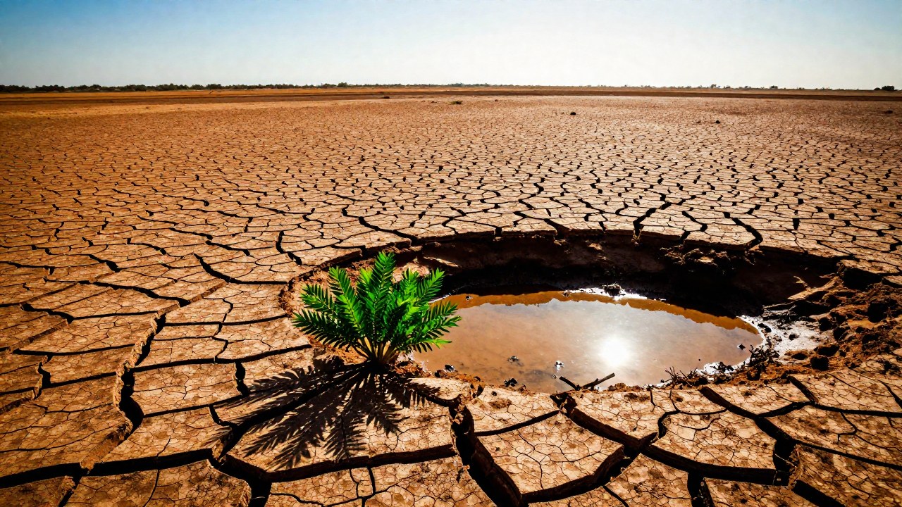 Planta verde y pequeño charco junto a la tierra agrietada en un paisaje árido y desolado.