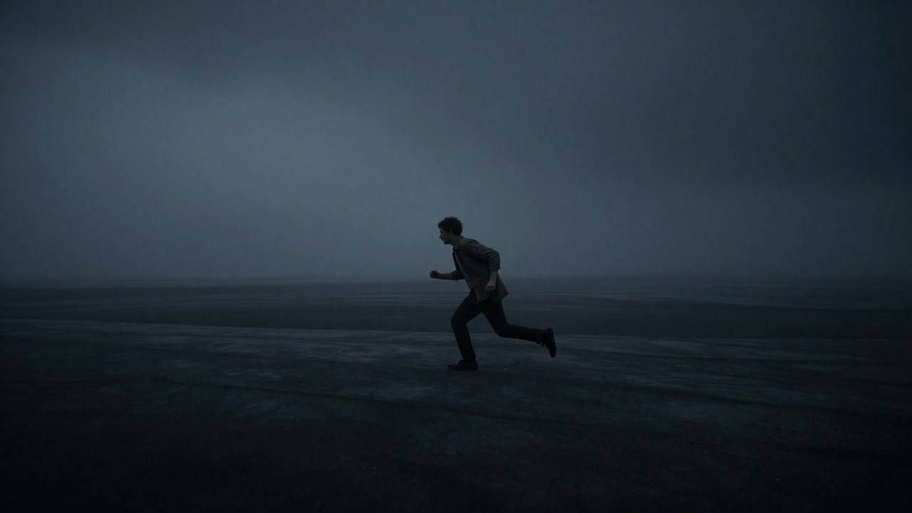 Una figura en ropa práctica corre en un paisaje gris y opresivo, luchando contra una resistencia invisible.