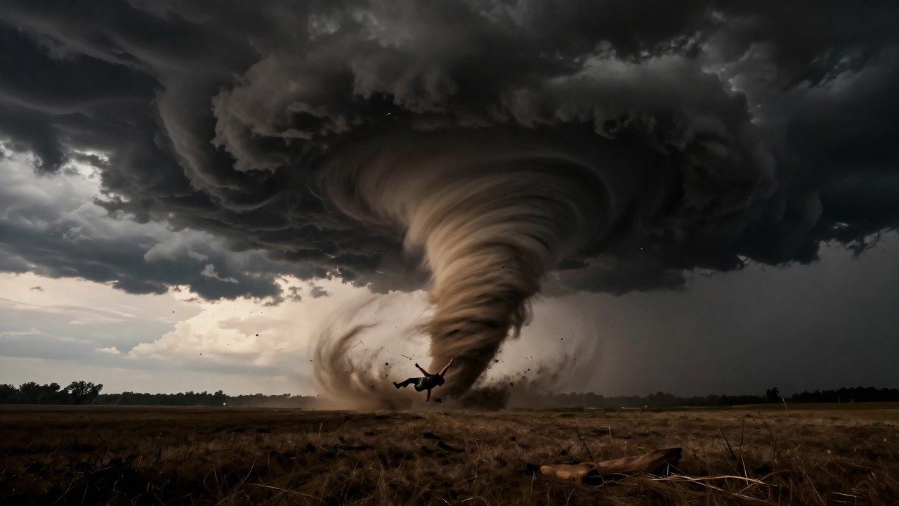 Figura solitaria luchando contra la potente columna de un tornado en un desolado paisaje rural.