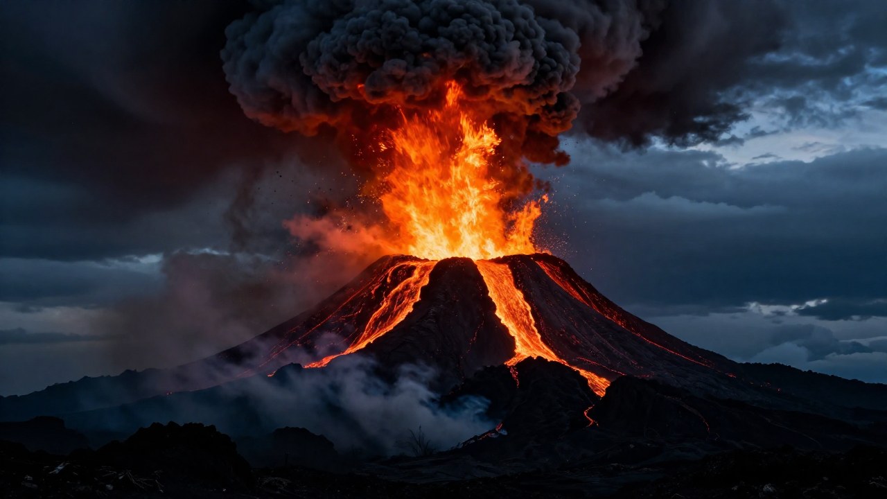 Volcán en erupción lanzando una enorme pluma de ceniza y flujos de lava incandescente hacia un cielo tormentoso.