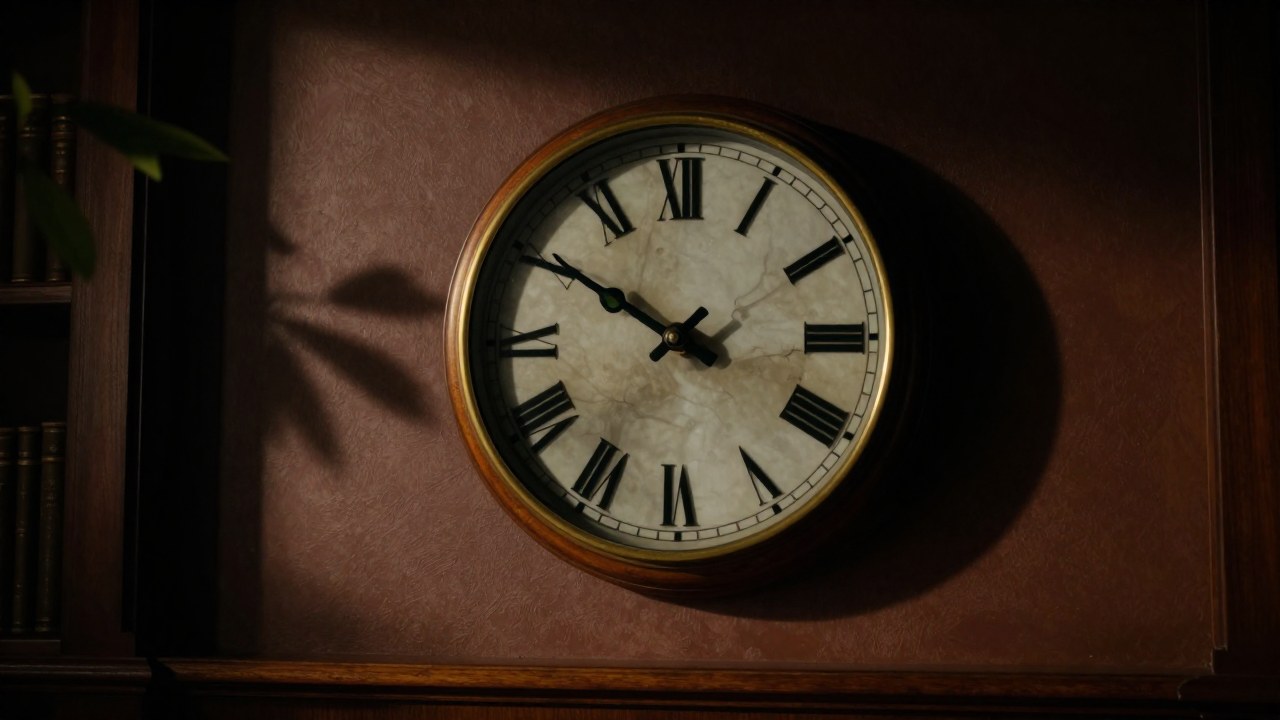 Gran reloj de pared vintage detenido en el tiempo, ambientado en un elegante y sombrío interior.