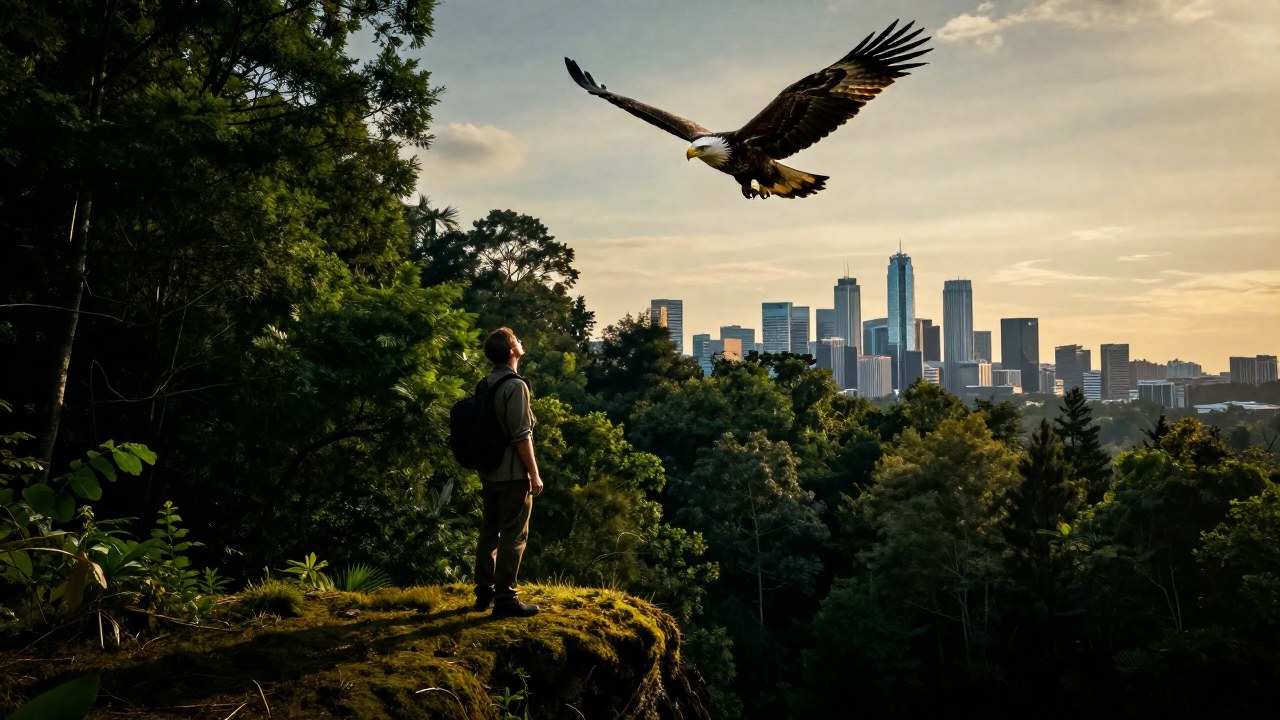 Una figura solitaria en el borde del bosque mira a un águila sobre un paisaje urbano distante.
