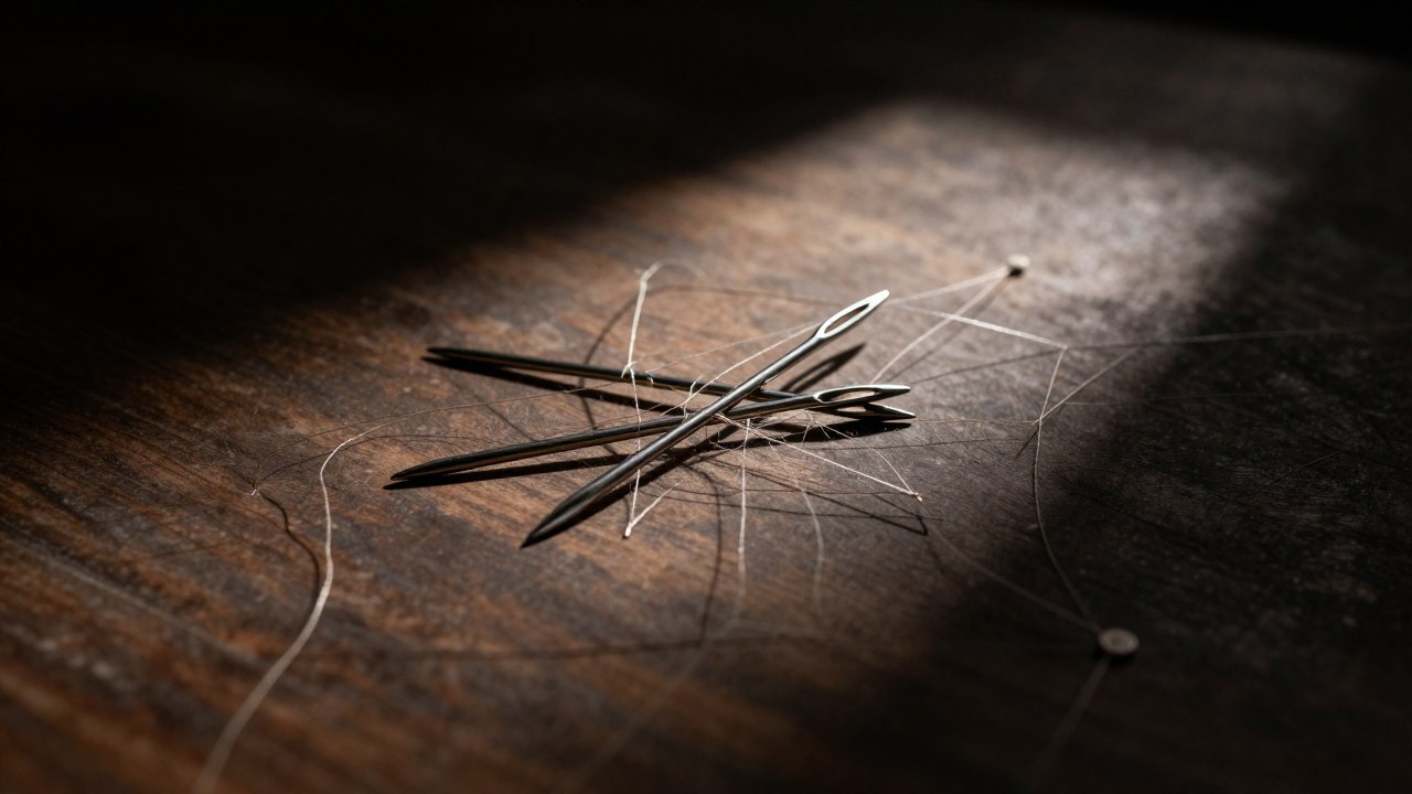 Agujas de coser vintage y hilos de seda forman una intrincada red sobre una antigua mesa de madera.