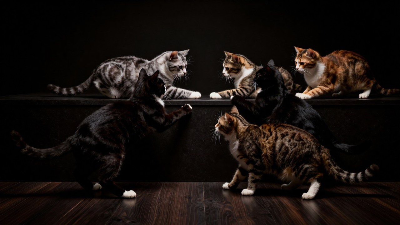Varios gatos domésticos en intensa confrontación, mostrando posturas agresivas sobre una superficie oscura.