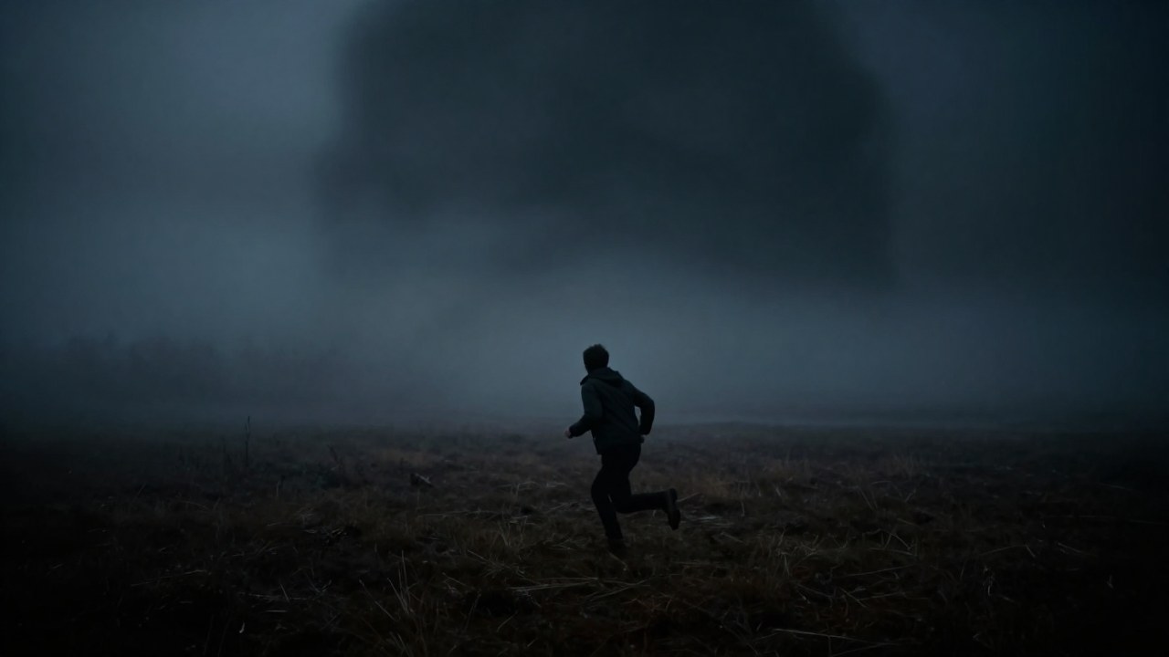 Figura solitaria corriendo en un paisaje brumoso, huyendo de una forma oscura que se aproxima en la distancia.