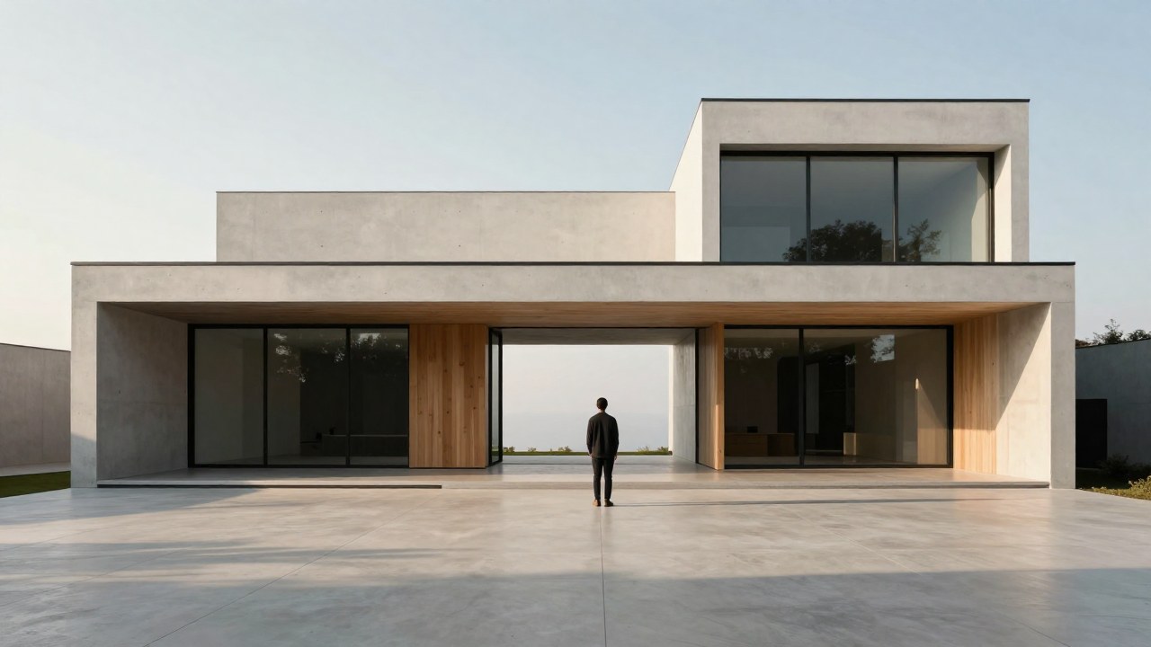Figura solitaria en la entrada de una vasta casa de diseño minimalista, mirando hacia el interior.