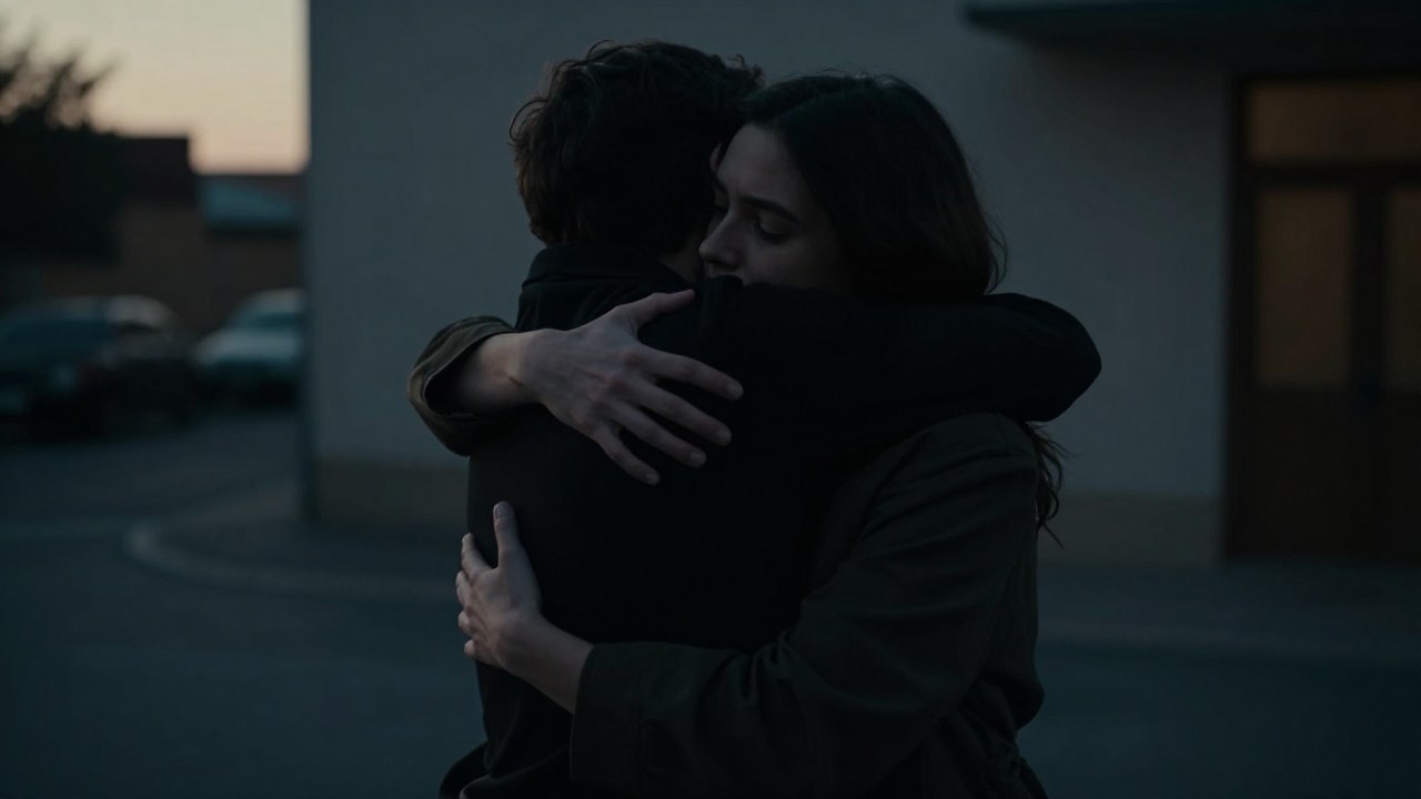 Abrazo intenso entre dos figuras en un entorno urbano al atardecer, destacando una conexión íntima.