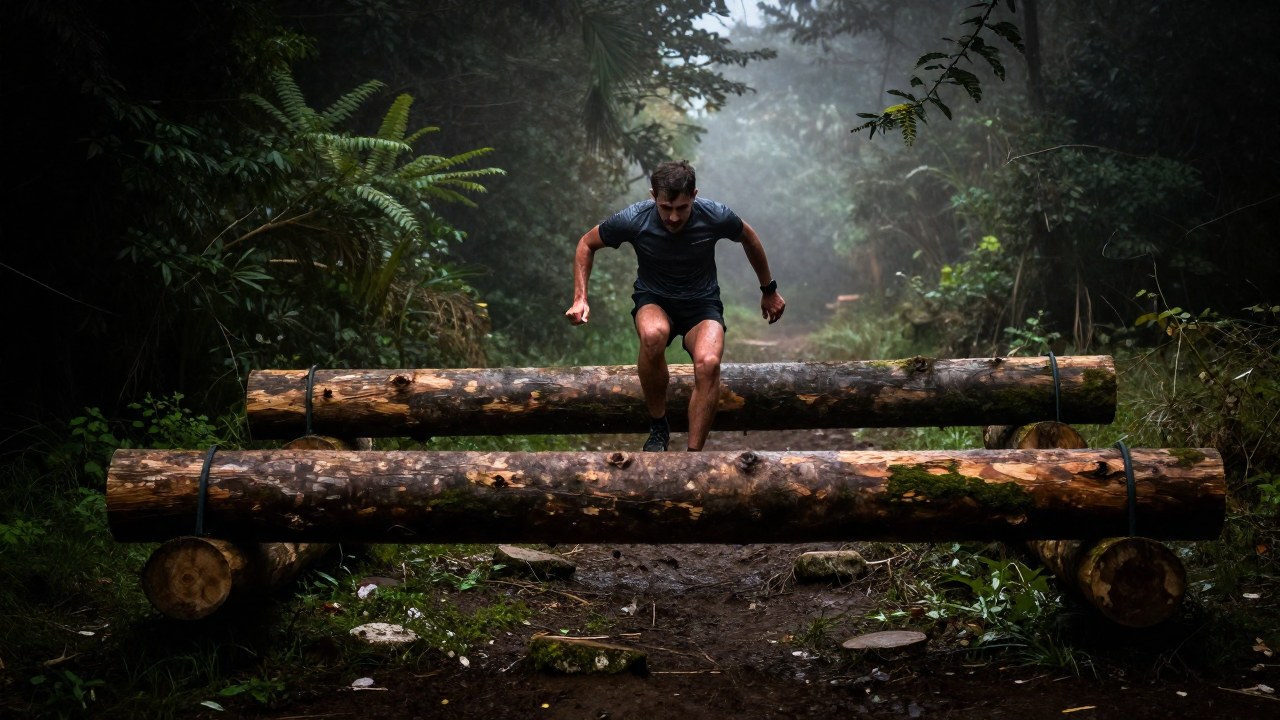 Corredor superando obstáculos naturales en una carrera al aire libre durante una niebla matutina.