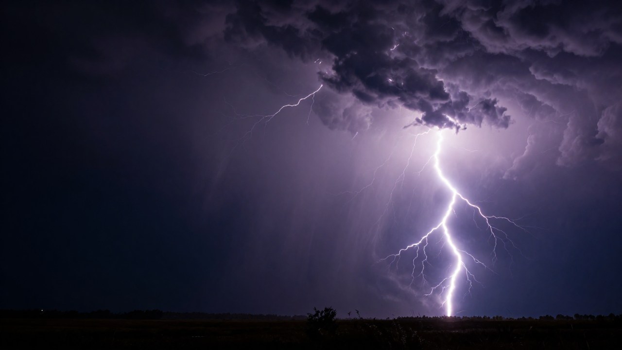 Rayos masivos iluminan una tormenta colosal sobre un paisaje abierto y desolado en la noche.