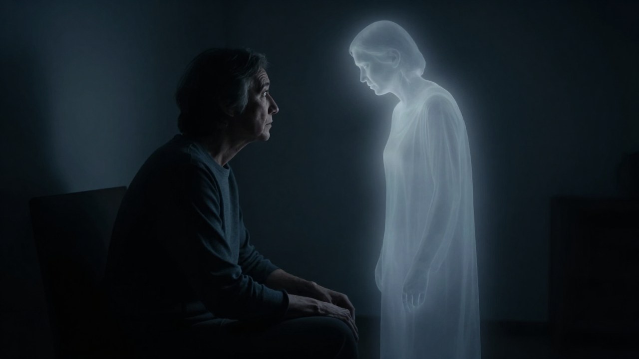 Una persona sentada escucha atentamente a una presencia espectral junto a ella en un interior.