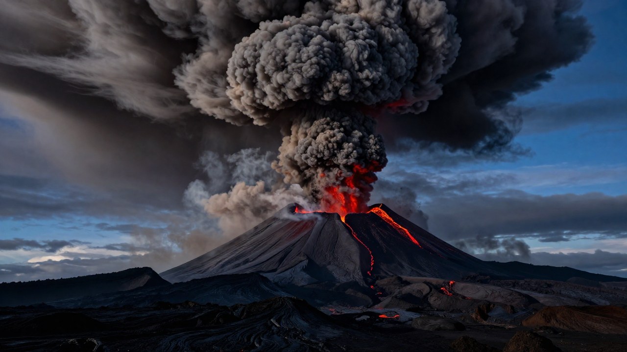 Volcán masivo en erupción sobre paisaje agreste, liberando ceniza oscura y mostrando flujos de lava en primer plano.
