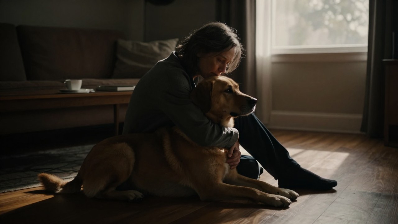 Una persona de mediana edad apoya su cabeza contra un perro tranquilo en un entorno interior.