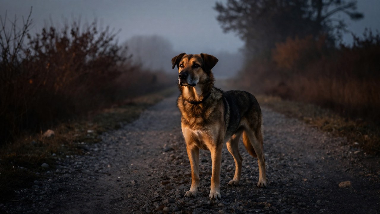 Perro mestizo maduro en un camino desolado, mirando fijamente con aire de introspección.