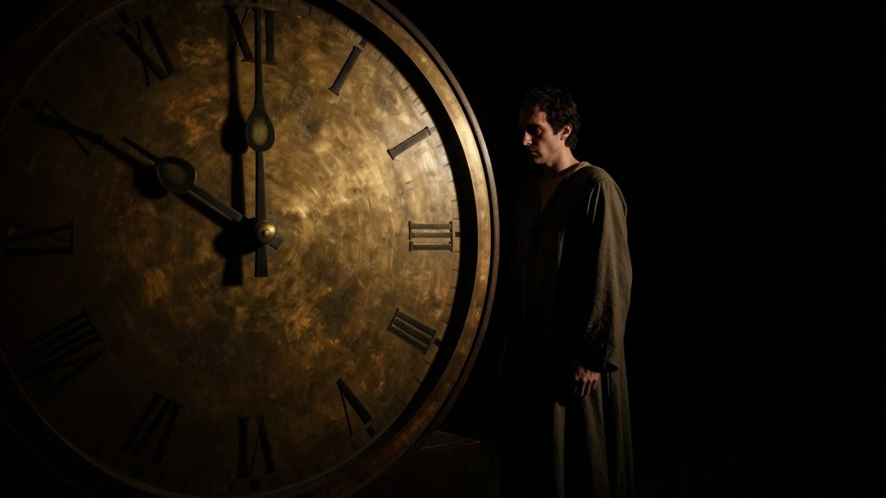 Una figura en penumbra contempla fijamente un reloj antiguo y masivo con manecillas inmóviles.