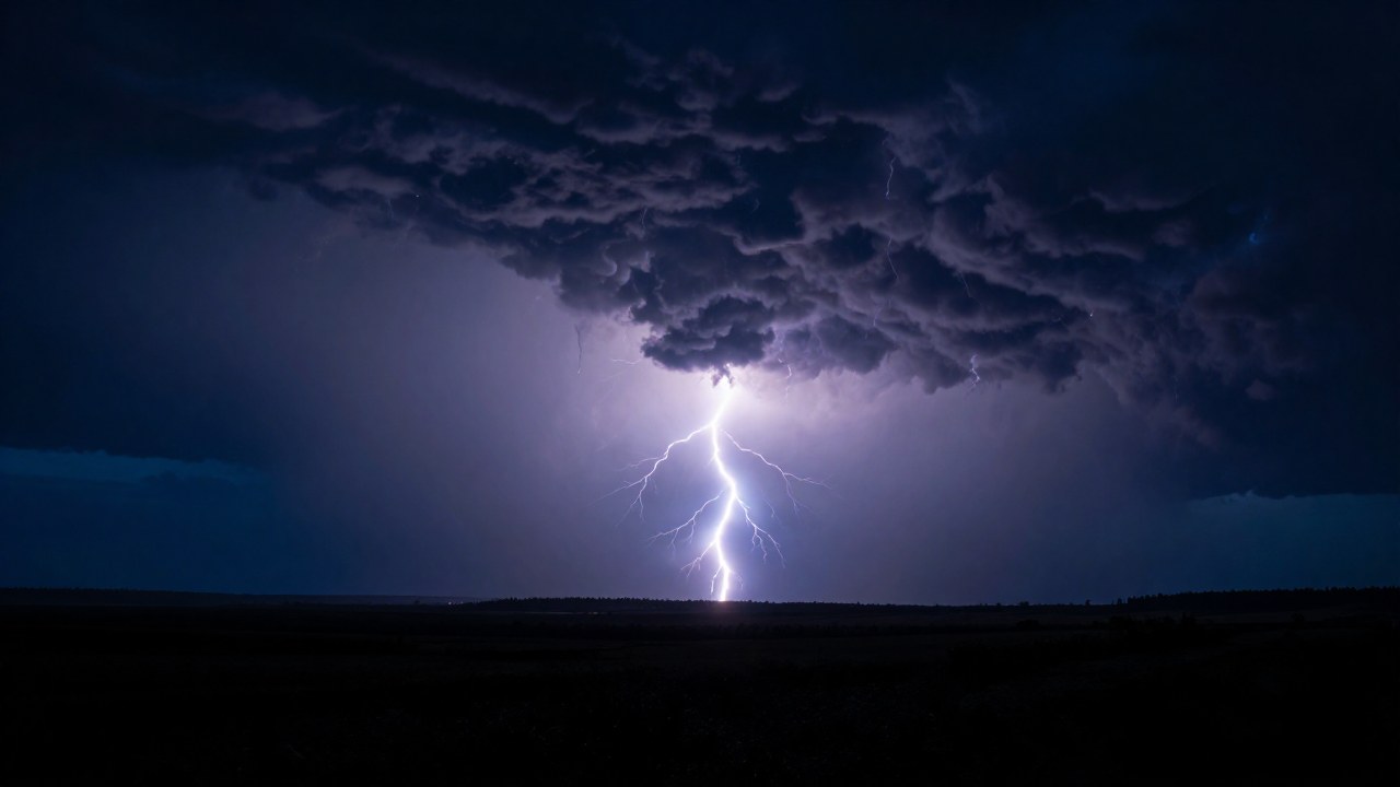 Paisaje de silueta frente a una tormenta masiva iluminada por un poderoso relámpago lejano.