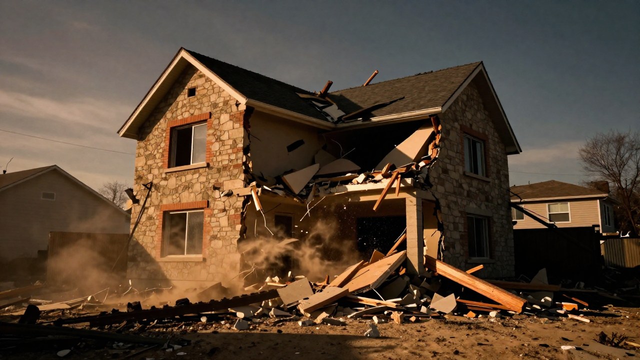 Casa suburbana visiblemente dañada por un terremoto, desprendiendo escombros de la estructura.