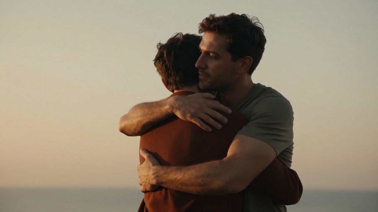 Un padre abraza con ternura a un joven adulto, simbolizando conexión emocional y guía.