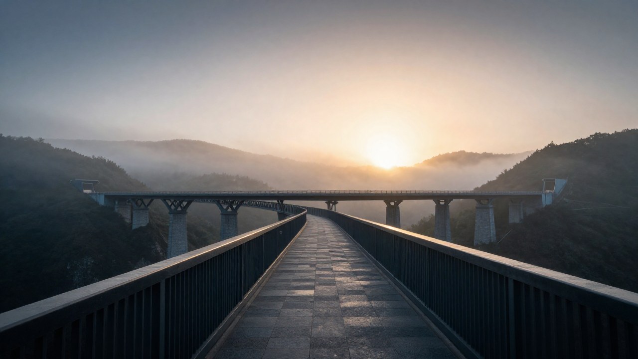 Puente moderno de piedra y acero cruzando un valle brumoso al amanecer, simbolizando transición.