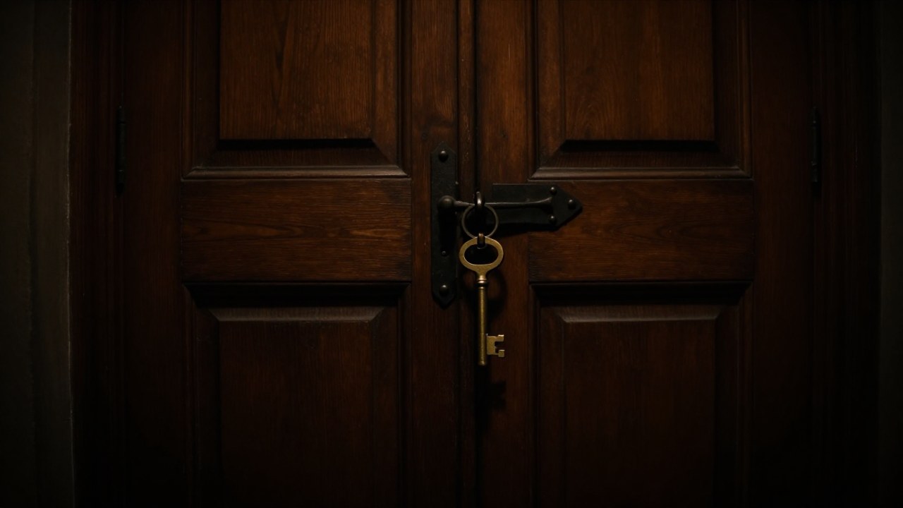 Llave antigua de latón ornamentada junto a la cerradura de una imponente puerta de madera.