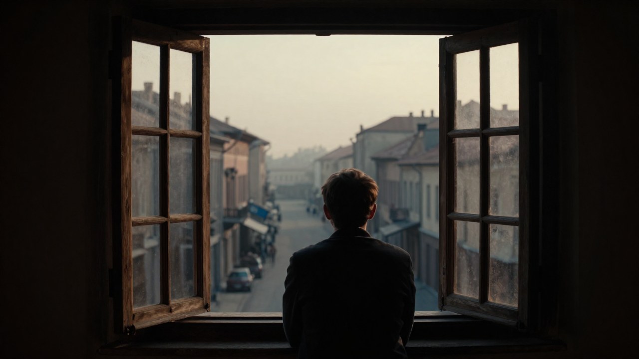 Una figura solitaria observa un paisaje urbano histórico europeo a través de un marco de ventana antiguo.