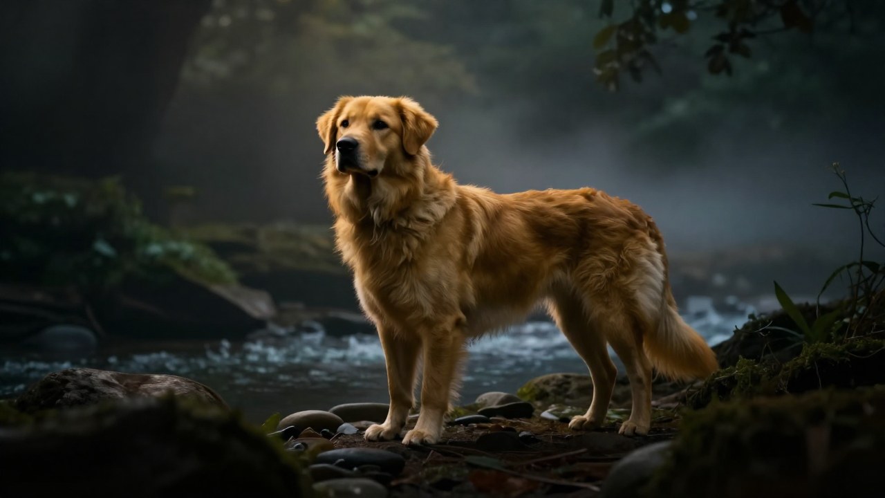 Perro dorado con postura noble en un paisaje brumoso de piedras y vegetación.