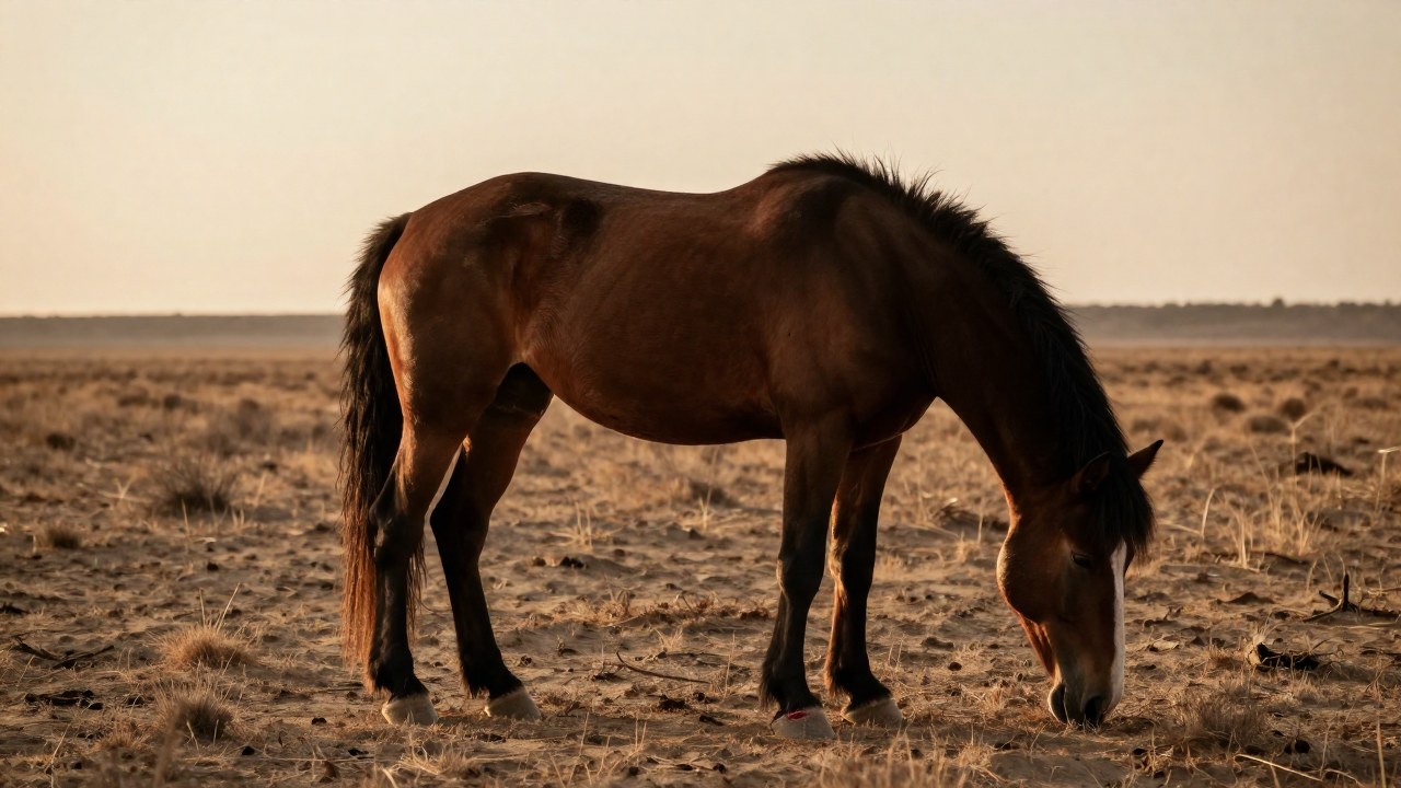 Caballo musculoso y exhausto, visiblemente herido en la pata, en un campo seco y desolado.