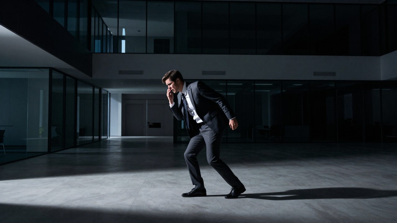 Profesional estresado se mueve con ansiedad en un vasto y frío interior corporativo.