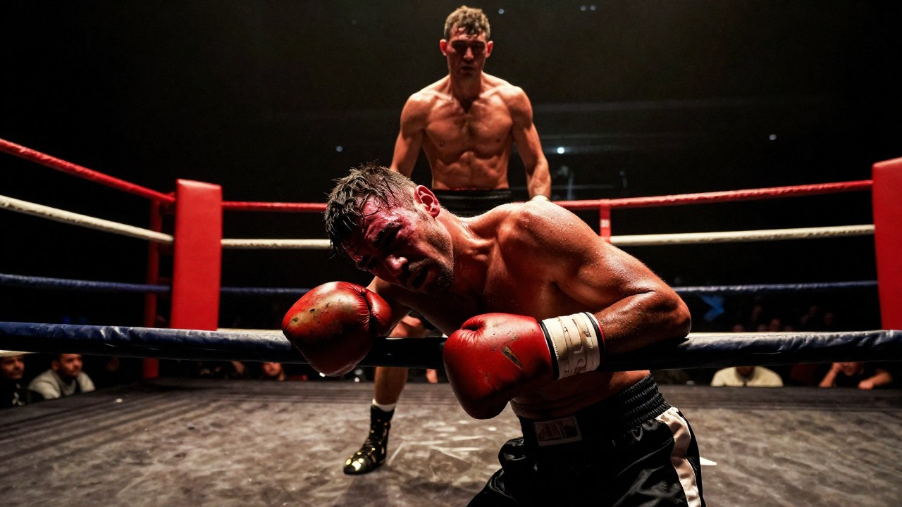 Boxeador herido se apoya contra las cuerdas mientras su oponente lo observa en un tensísimo momento del ring.