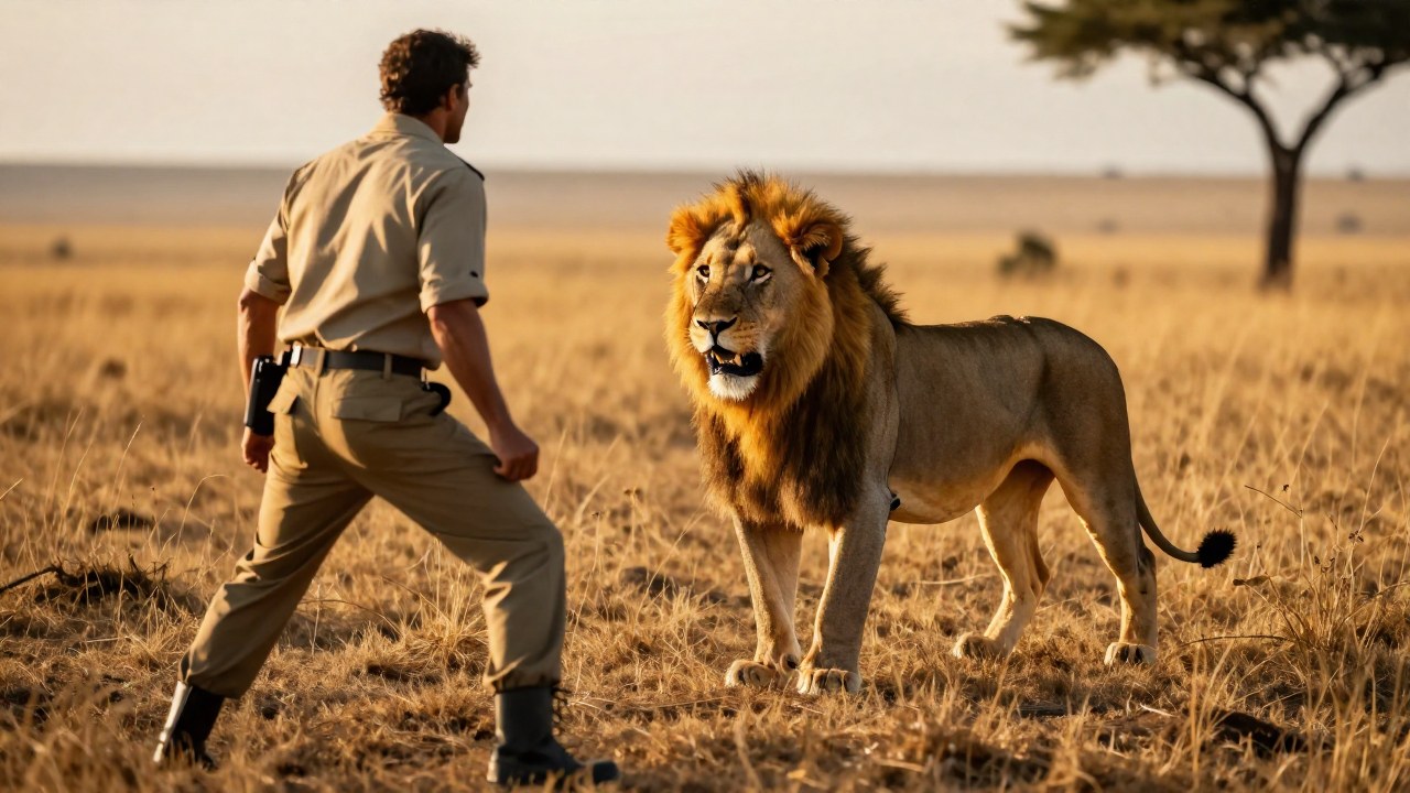Un poderoso león macho se enfrenta a un cazador en la sabana africana.