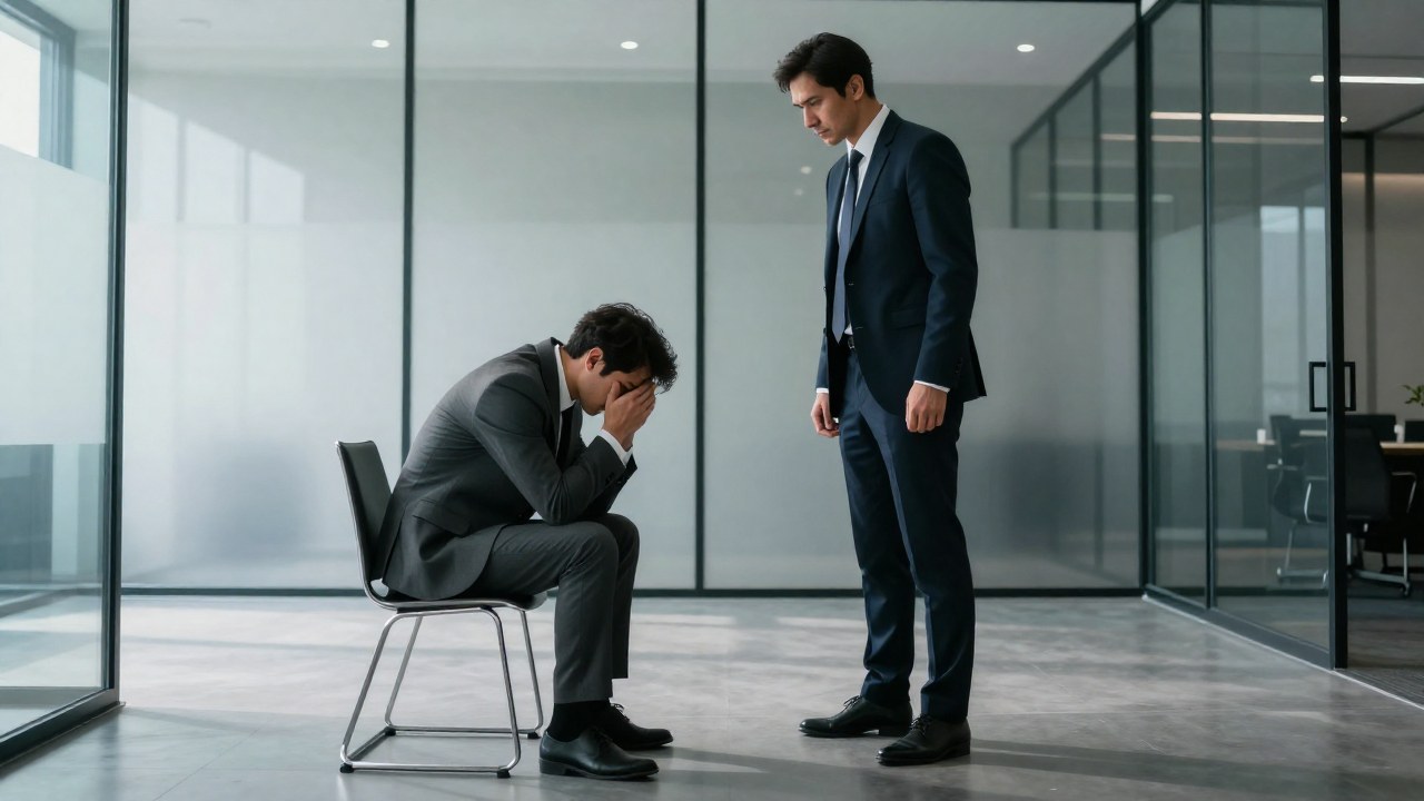 Profesional en traje de negocios y figura de autoridad tienen un tenso intercambio en una oficina corporativa.