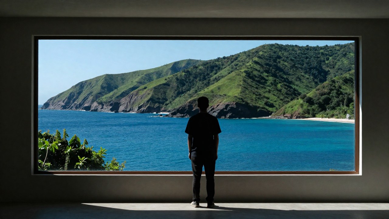 Figura solitaria observando un horizonte costero dramático de mar azul y colinas verdes.