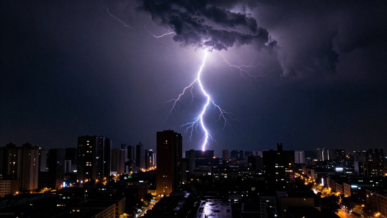 Ciudad moderna y vasta bajo la fuerza de una tormenta nocturna e impactada por un relámpago.