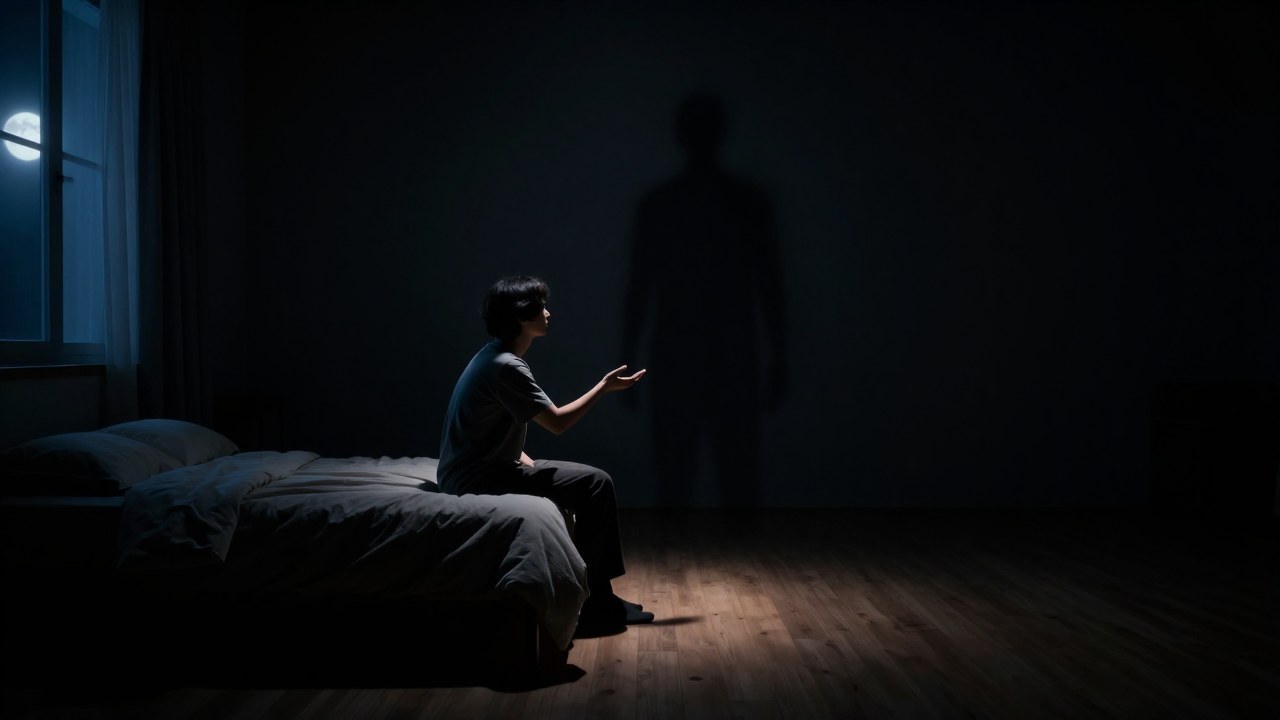 Una persona en un dormitorio oscuro extiende la mano hacia una silueta amorfa y oscura que emerge de la sombra.