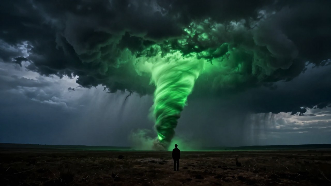 Figura solitaria contempla un tornado verde vibrante sobre una llanura desolada bajo un cielo tormentoso.