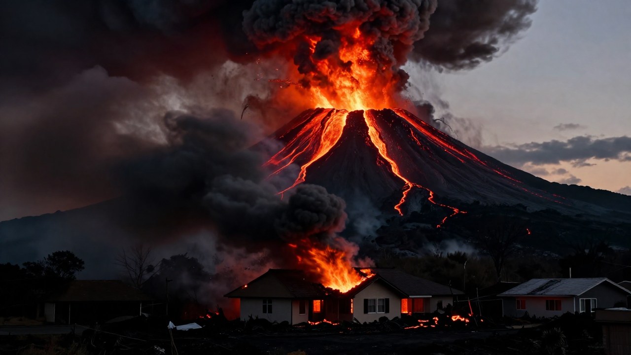 Casa suburbana siendo destruida por lava incandescente y ceniza de un volcán activo.