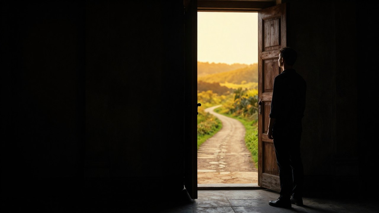 Figura solitaria en la puerta de madera, mirando hacia un paisaje brillante y soleado al otro lado.