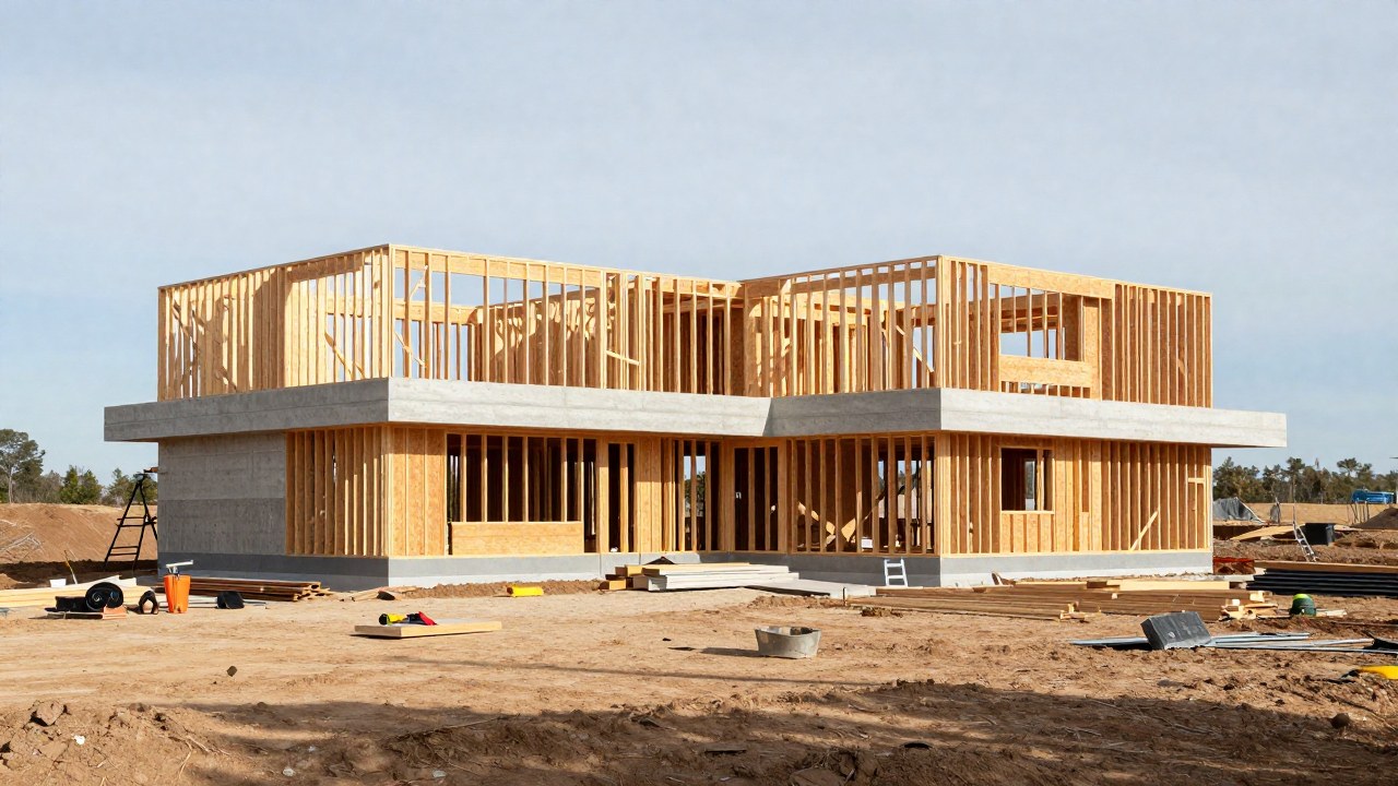 Esqueleto de una casa moderna y minimalista en construcción en un vasto lote de tierra.