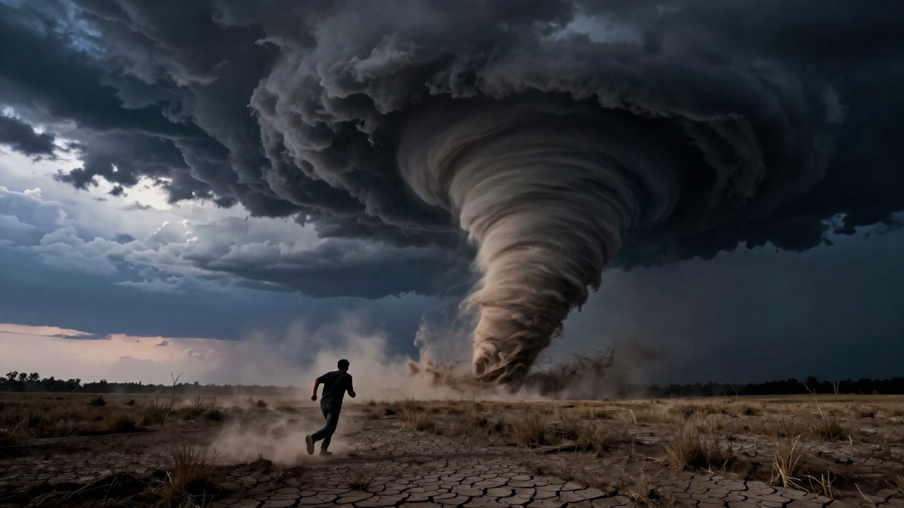 Persona huye de un gigantesco y turbulento tornado en un campo desolado, enfatizando el peligro natural.