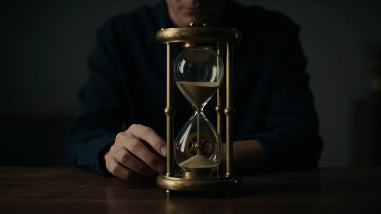 Una figura junto a un intrincado mecanismo de reloj o un reloj de arena, simbolizando el paso del tiempo.