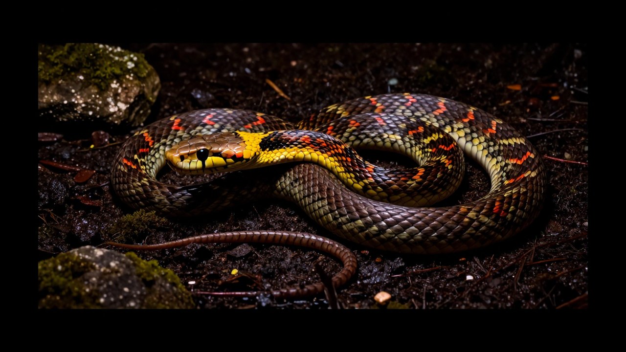 Serpiente venenosa enroscada dinámicamente en tierra oscura, destacando su textura y posible amenaza.