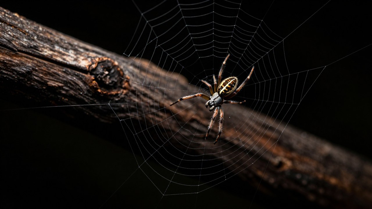 Araña tejiendo meticulosamente su telaraña sobre una pieza oscura de madera envejecida.