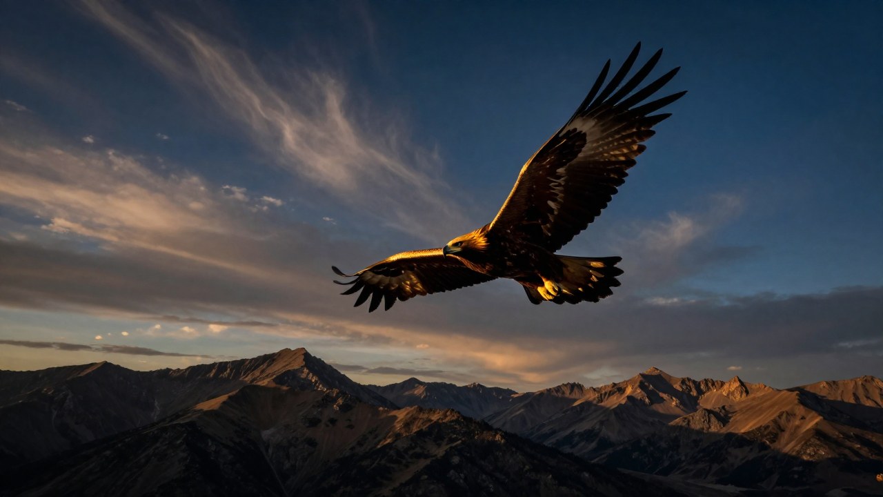 Águila dorada en vuelo dinámico sobre una vasta cordillera rocosa durante la hora dorada.