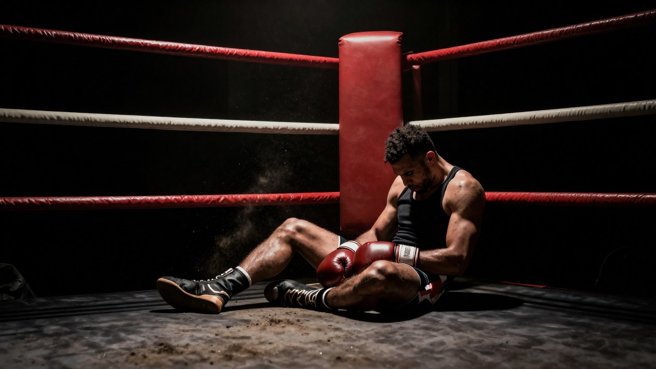 Un boxeador solitario, agotado, se apoya contra las cuerdas de un ring tras una intensa lucha.