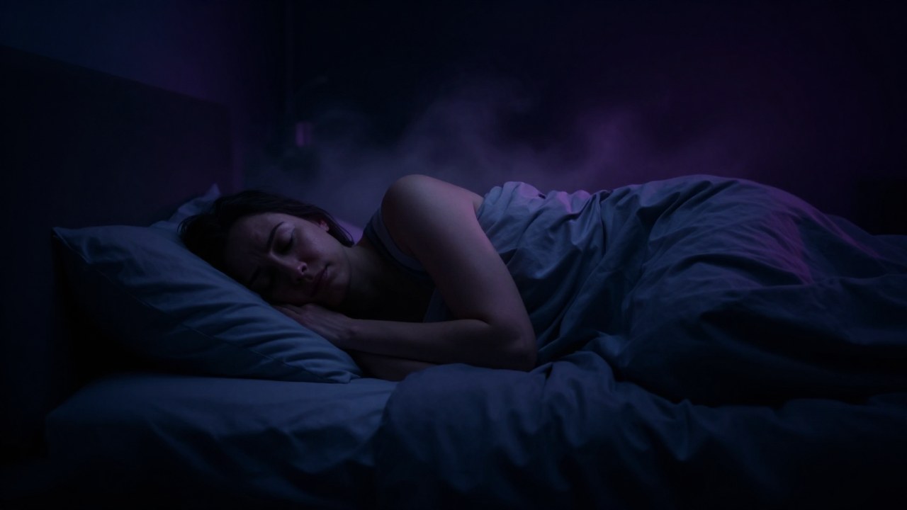 Un individuo durmiendo en la cama rodeado por una niebla sutil que simboliza una profunda presión emocional.