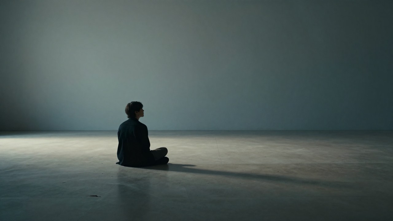Persona solitaria contemplando un espacio vacío y minimalista, reflejando la ausencia mental o la pérdida.
