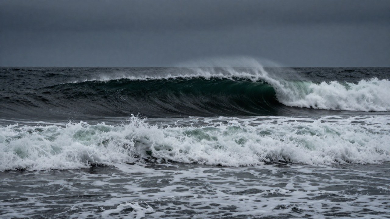 Grandes olas caóticas y agresivas surgen en un mar turbulento bajo un cielo oscuro.